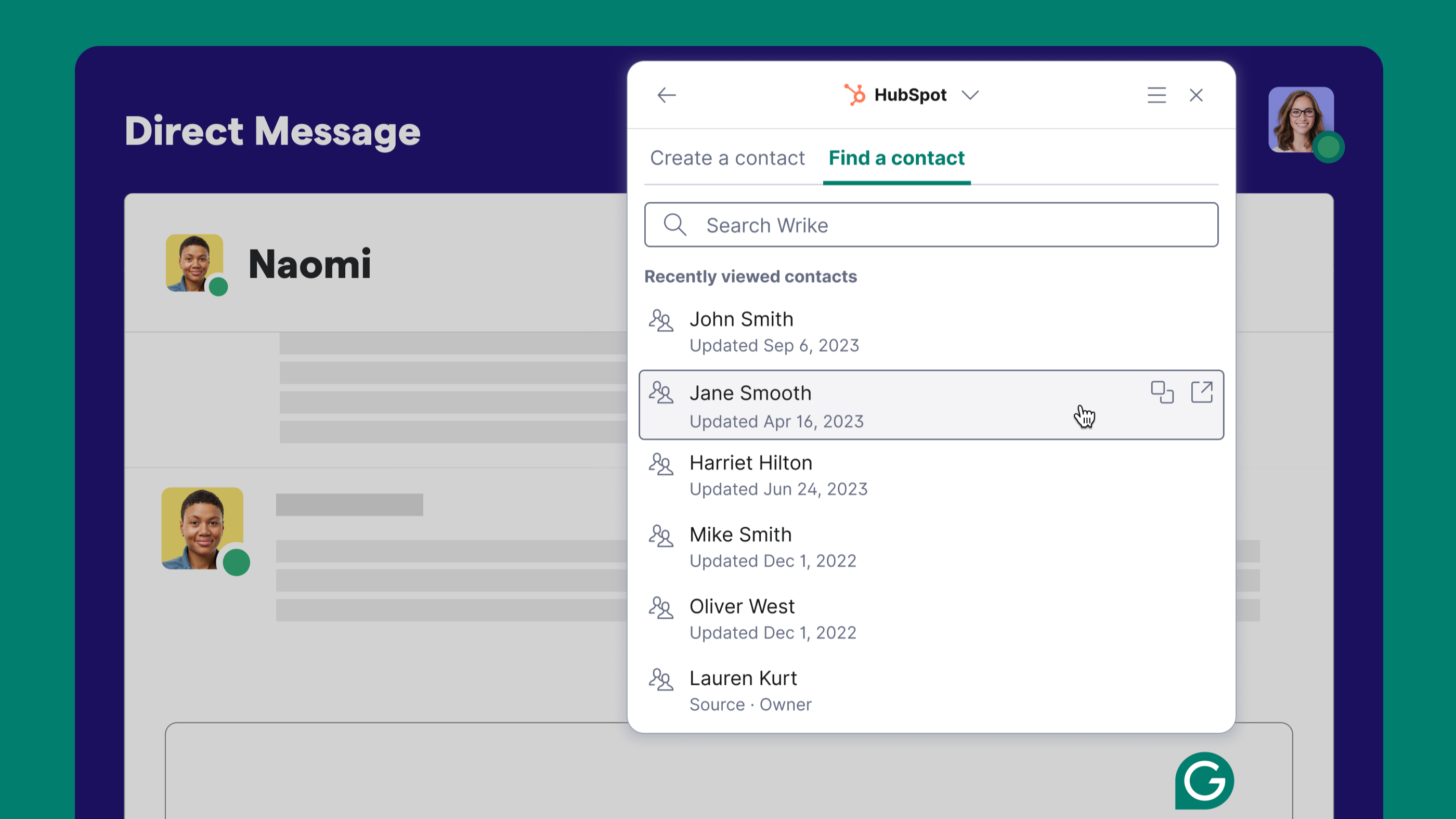 Find existing HubSpot contacts from wherever you use Grammarly.